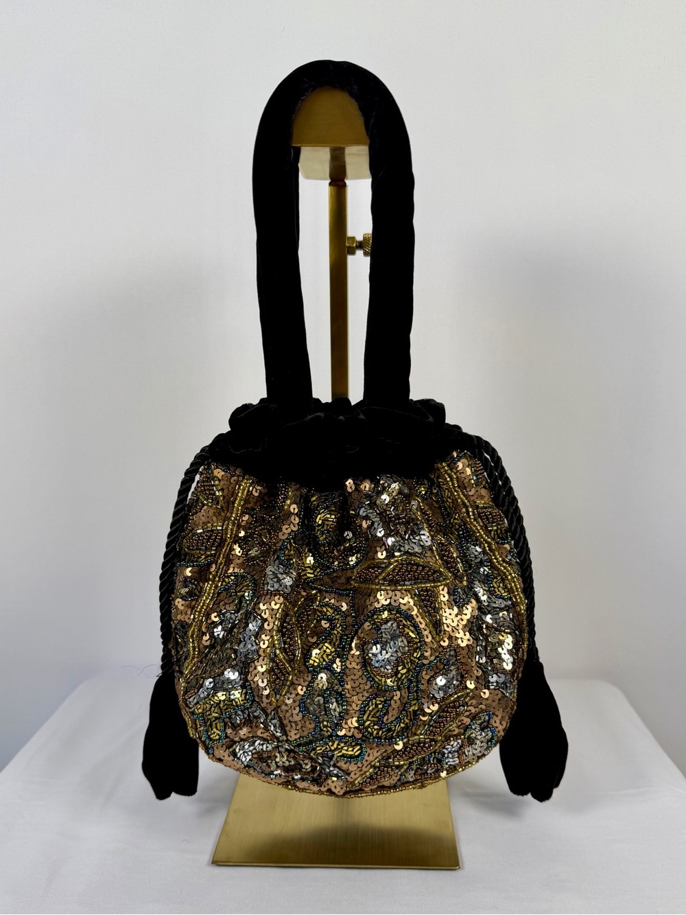 Chico's Black/Gold Sequin & Beaded Top Handle Bag Drawstring, Silver Hardware